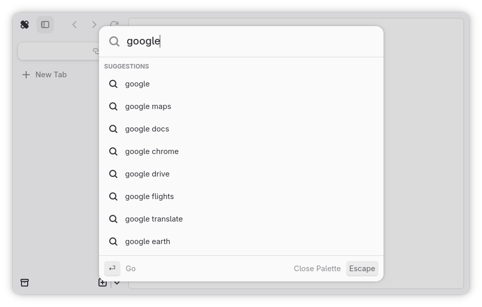 Command palette autocompleting a search term